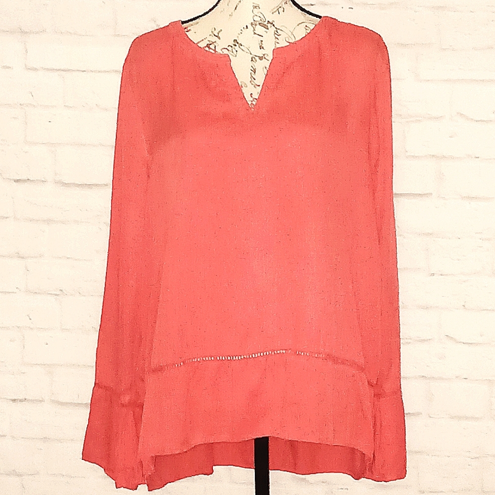 Crown & Ivy Women’s Coral V-Neck Long Bell Sleeve Tunic Top Size XL